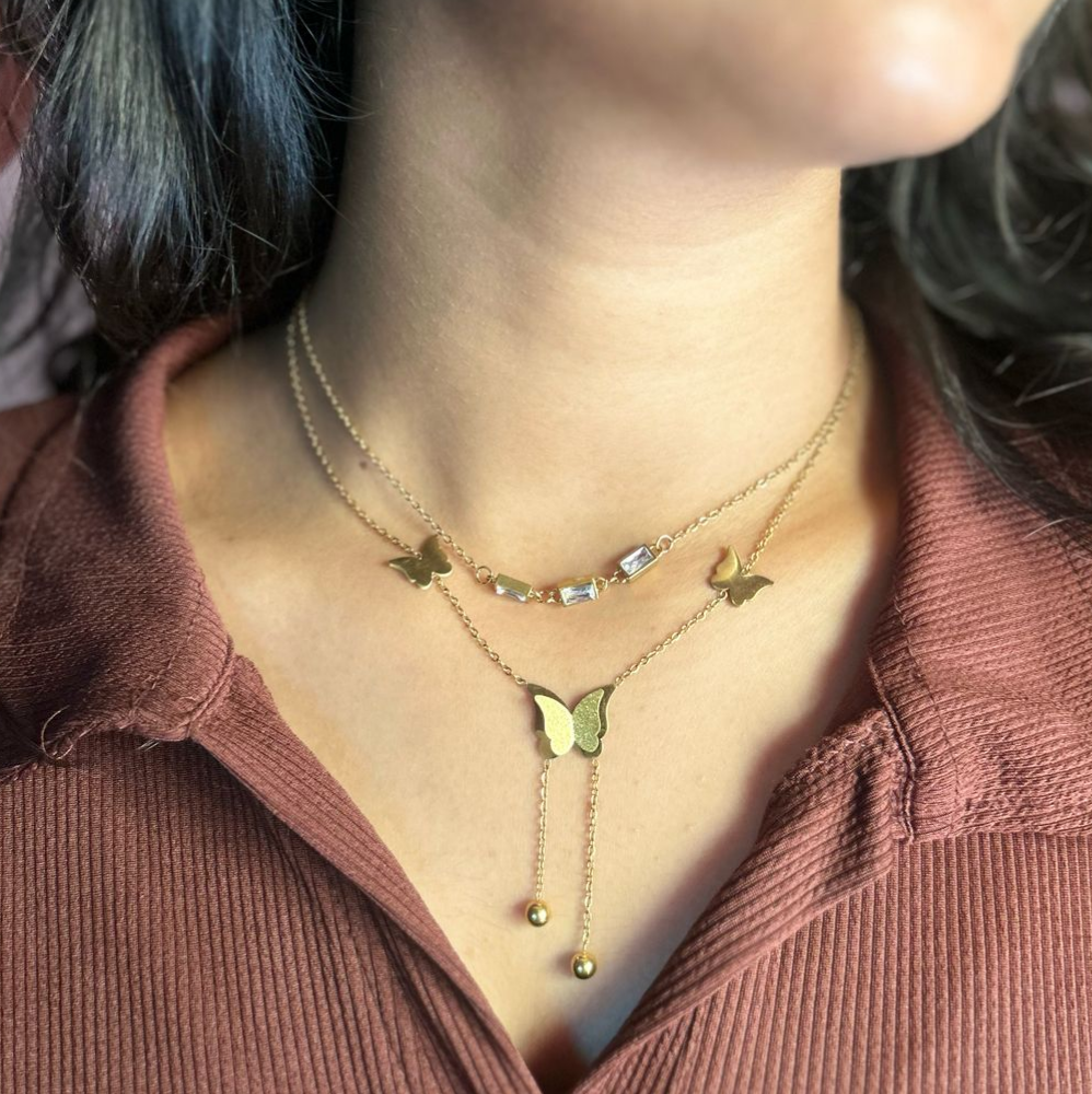 Golden Flutter - 2-Layer Anti-Tarnish Butterfly Necklace Set