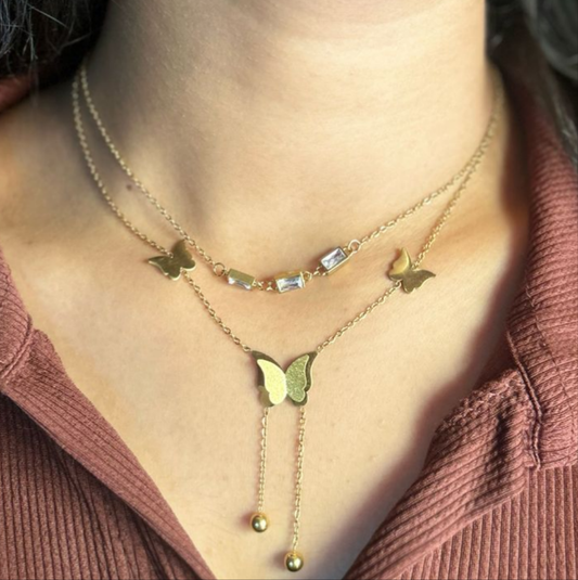Golden Flutter - 2-Layer Anti-Tarnish Butterfly Necklace Set