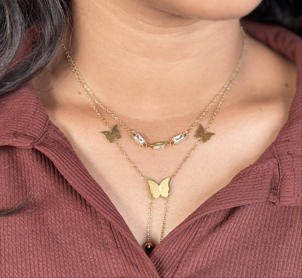 Golden Flutter - 2-Layer Anti-Tarnish Butterfly Necklace Set