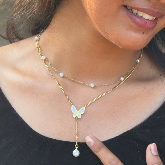 Celestia Pearl Butterfly Dual Chain – Anti-Tarnish Gold Finish