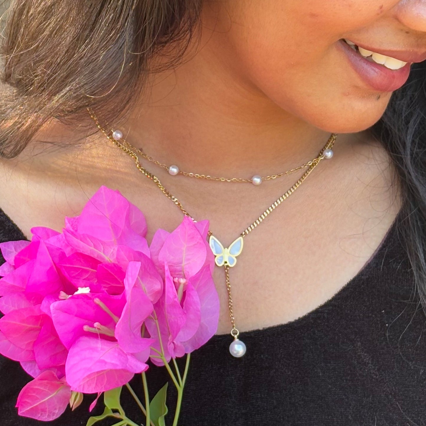 Celestia Pearl Butterfly Dual Chain – Anti-Tarnish Gold Finish