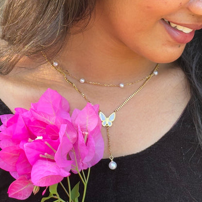 Celestia Pearl Butterfly Dual Chain – Anti-Tarnish Gold Finish